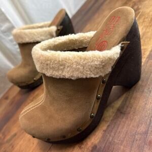 Big Buddha Y2K Brown Faux Fur Trim Clog Mule Chunky Platform Heel Women's Size 8